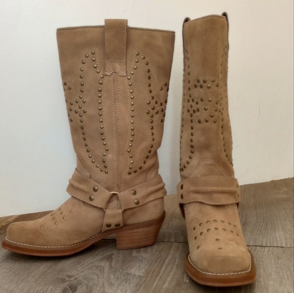 Women's Rocketdog Suede Leather Studded Motorcycle Boots Beige Size 6 - Picture 3 of 8